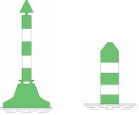 Bild 9 - Schwimmendes Zeichen (nur zur Bezeichnung von Hindernissen) - Linke Seite: grün-weiß waagerecht gestreifte Spierentonne mit Toppzeichen, Schwimmstange (Spiere) in der Regel jeweils als Radarreflektor