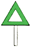 Gefahrenzeichen, linkes Ufer bei Tag: weißes Dreieck mit grünem Rand, Spitze oben