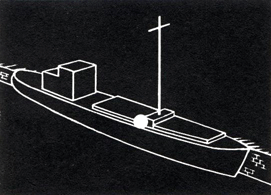 Bei Nacht: ein weißes Rundumlicht mittschiffs an der Fahrwasserseite oder an dem am weitesten zum Fahrwasser reichenden Ende, möglichst in Deckshöhe