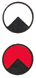 ein weißer Kreis mit einem schwarzen Rand mit einem schwarzen Dreieck mit der Spitze nach oben am unteren Rand über einem roten Kreis mit einem schwarzen Dreieck mit der Spitze nach oben am unteren R