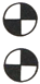 zwei weiße Kreise mit schwarzem Rand mit zwei schwarzen Dreiecken mit den Spitzen zueinander übereinander