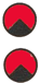 zwei rote Kreise mit einem schwarzen Dreieck mit der Spitze nach oben am unteren Rand übereinander