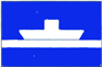 rechteckige blaue Tafel mit weißem Symbol eines Fährschiffes über einem waagerechten weißen Band