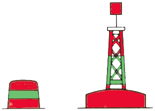 rote mit einem waagerechten grünen Band versehene Stumpftonne und Leuchttonne mit einem roten Zylinder als Toppzeichen