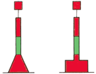 rote mit einem waagerechten grünen Band versehene Spierentonnen mit einem roten Zylinder als Toppzeichen