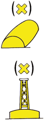 gelbe Fasstonne und gelbe Leuchttonne mit jeweils einem gelben liegenden Kreuz als Toppzeichen
