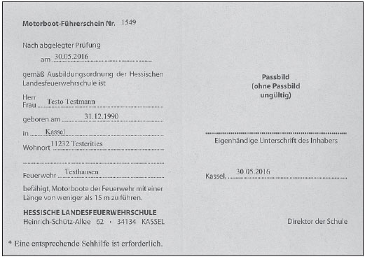Muster Amtlicher Berechtigungsschein der Hessischen Landesfeuerwehrschule (Ausgestelltes Muster bis 30.06.2019) (Rückseite)