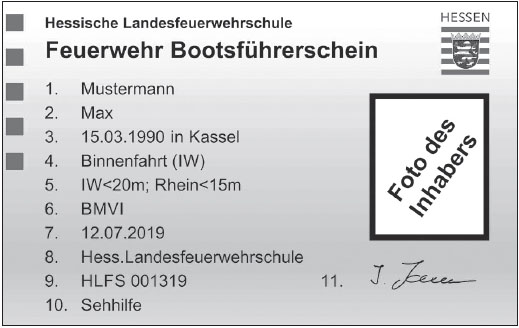 Muster Amtlicher Berechtigungsschein der Hessischen Landesfeuerwehrschule (Muster ab 01.07.2019) (Vorderseite)