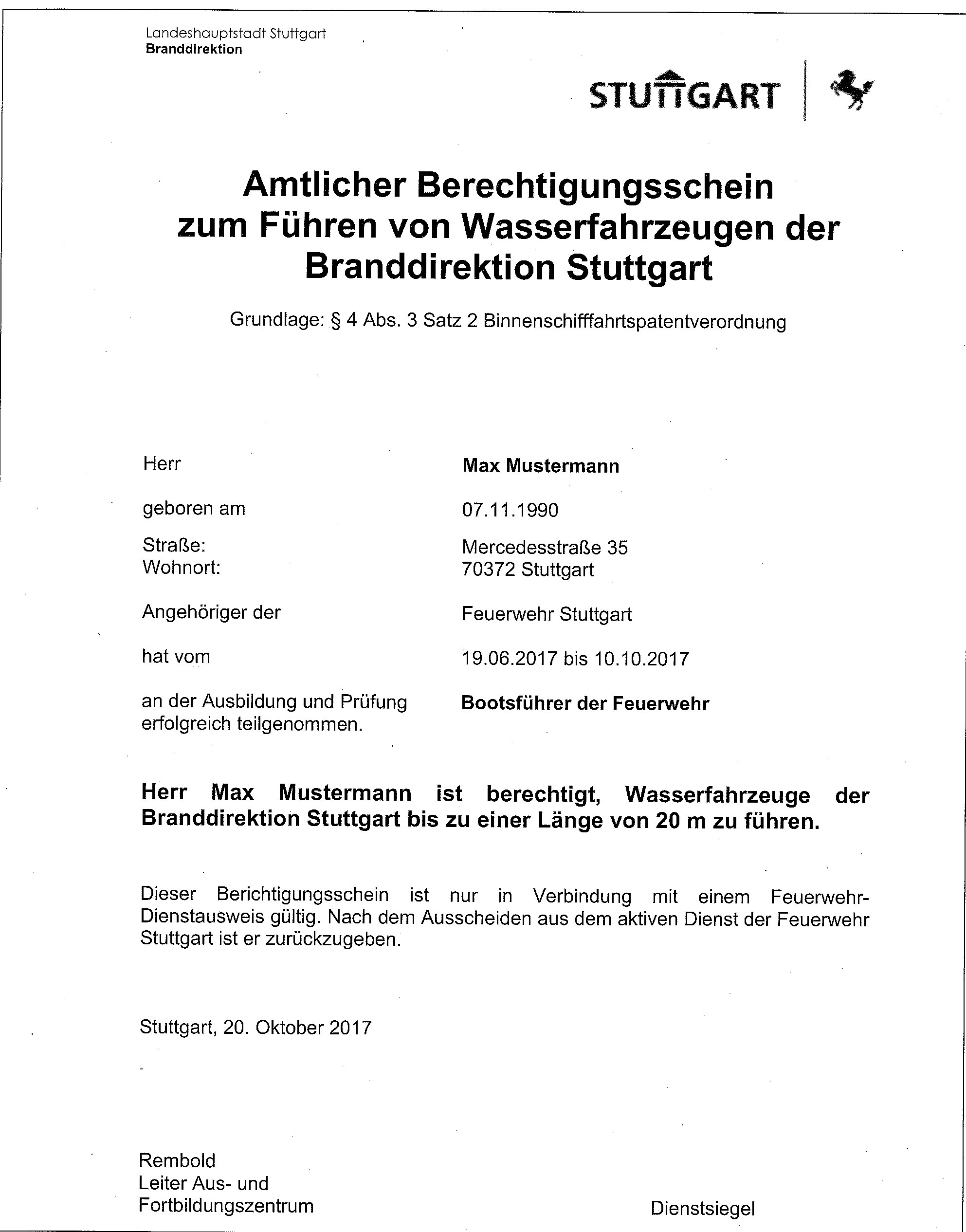 Muster Amtlicher Berechtigungsschein zum Führen von Wasserfahrzeugen der Branddirektion Stuttgart