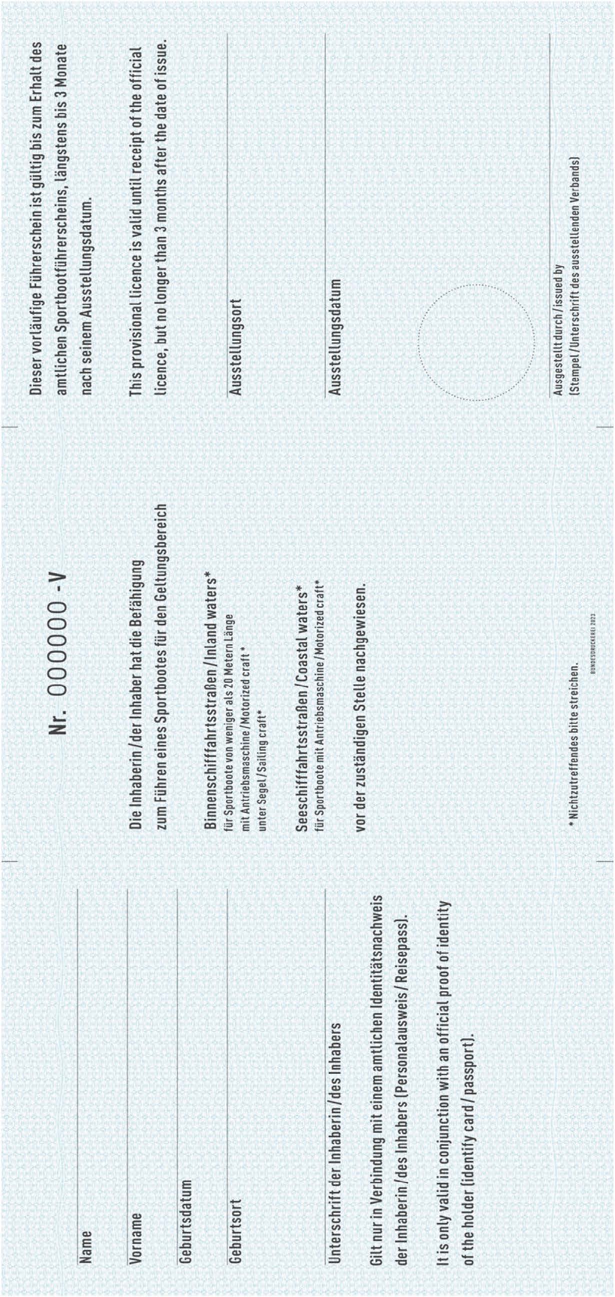 Muster für den vorläufigen Sportbootführerschein (Rückseite) Muster für den vorläufigen Sportbootführerschein (Rückseite)