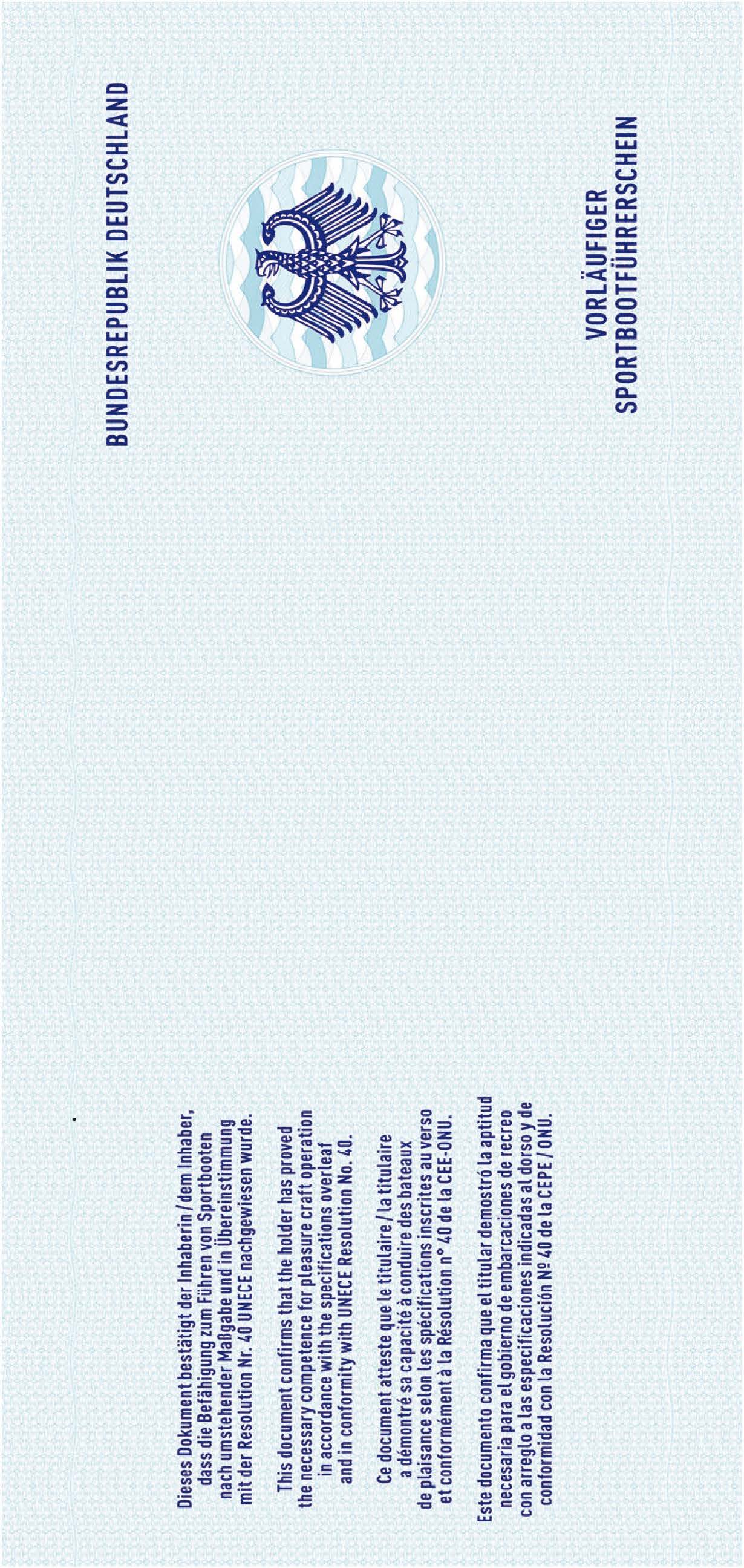 Muster für den vorläufigen Sportbootführerschein (Vorderseite) Muster für den vorläufigen Sportbootführerschein (Vorderseite)